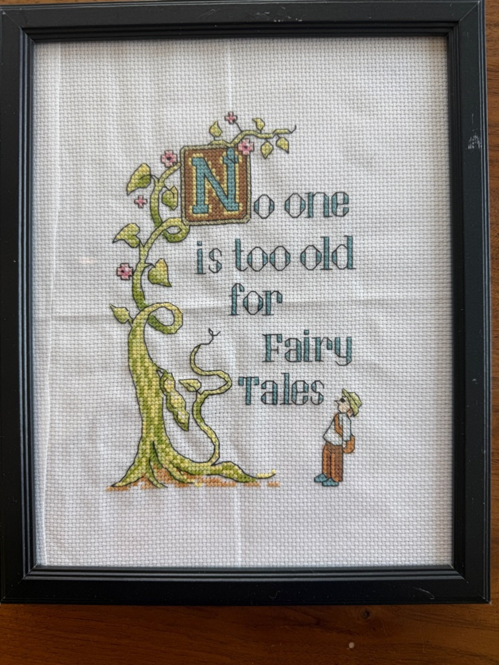 Framed Cross Stitch Quote Art “No One Is Too Old For Fairy Tales” Handmade Decor
